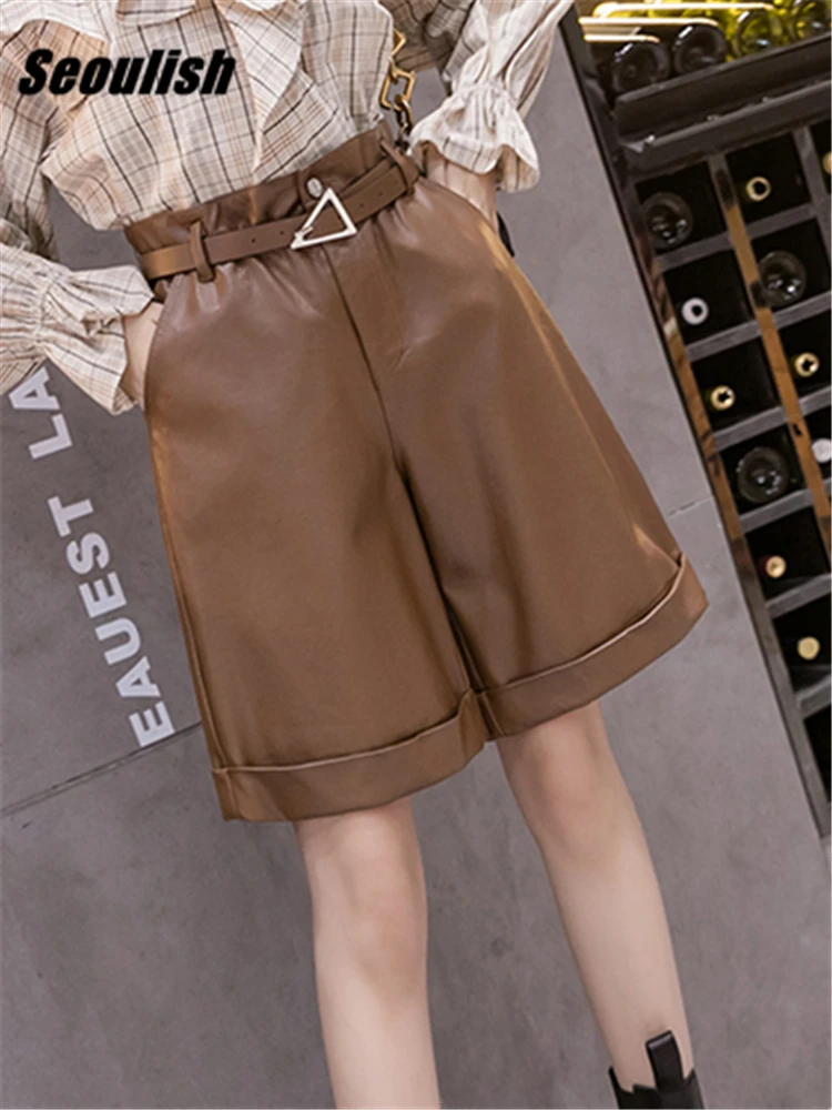 

Seoulish Faux PU Leather Women's Shorts with Belted 2023 New Autumn Winter High Waist Elegant Loose Wide Leg Trousers Pockets