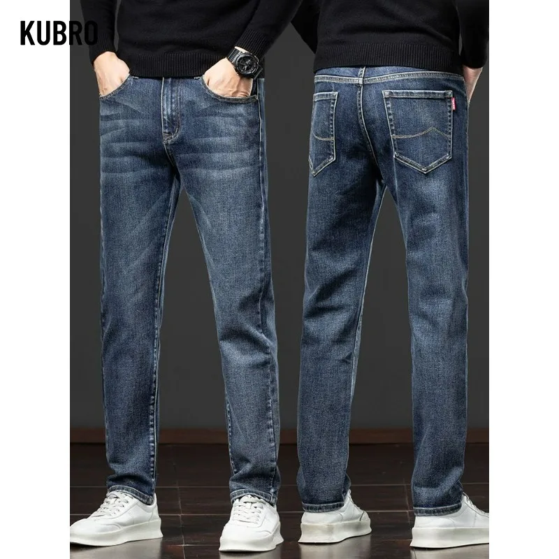 

Мужские эластичные прямые джинсы свободного покроя Мужские осенне-зимние синие облегающие джинсы с застежкой-молнией и пуговицами Модные повседневные брюки