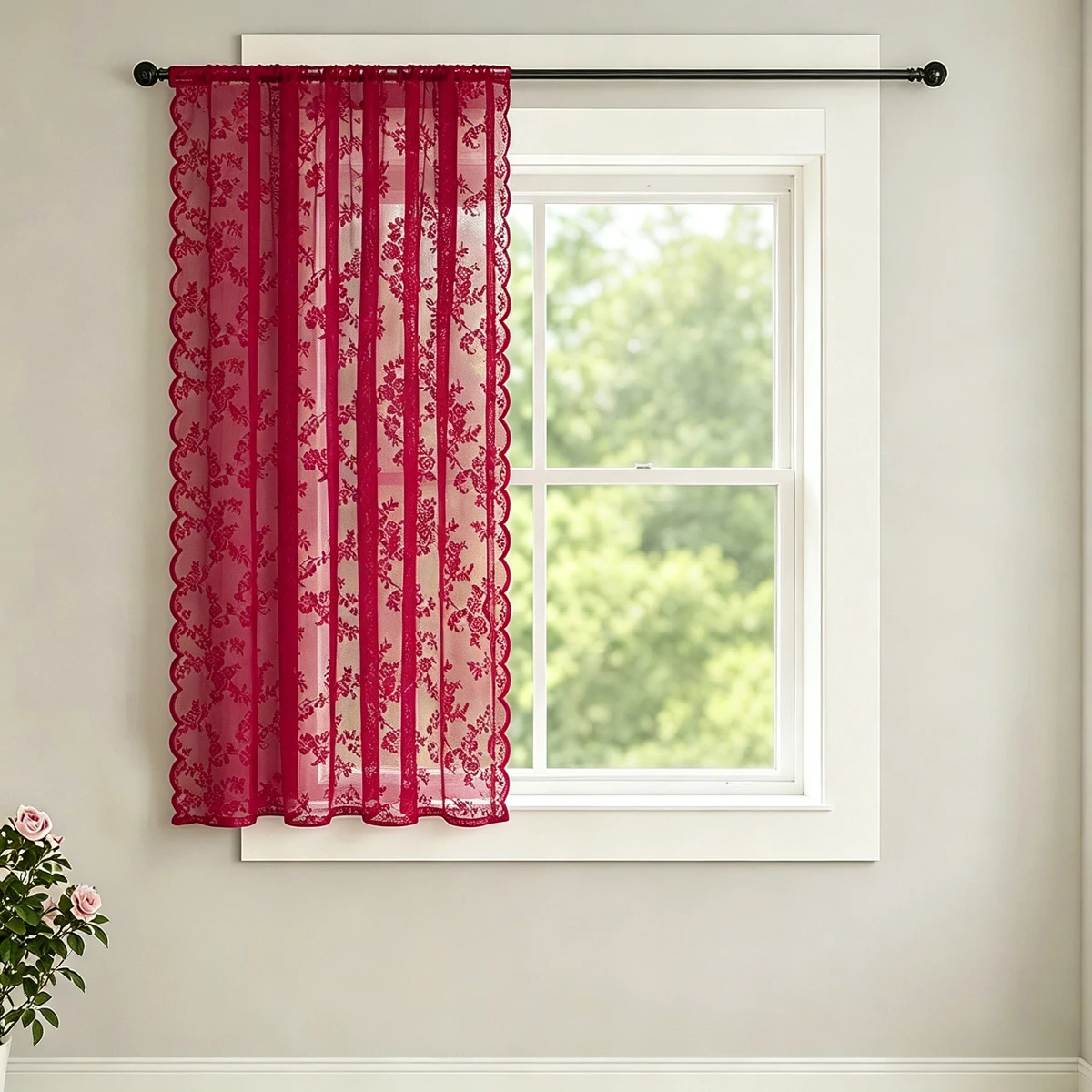 1 Stück französischer Vintage-Rosenspitzenvorhang mit wellenförmigen Rändern, kleiner dekorativer Fenstervorhang ohne Löcher – Detail 7