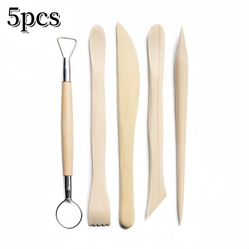 5Pcs Wooden Handle Clay Carving Set, Pottery Sculpting Tools for Beginners, DIY Ceramic Art & Craft Supplies