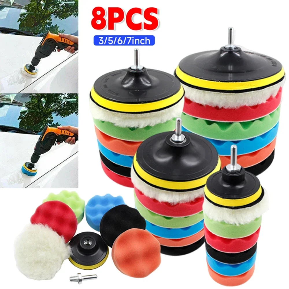 Kit de polimento automotivo com 8 peças de 3/5/7 polegadas, almofadas autoadesivas para polimento, esponja de lã para polimento e enceramento, compatível com adaptador de furadeira.