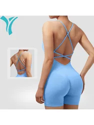 Yoga Sxy Criss Cross Backless Cami Sports Romper,Women's Jumpsuits Ribbed One Piece Workout Sleeveless Rompers Tank Top Shorts