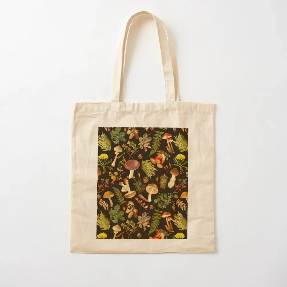 

Vintage toxic mushrooms midnight forest pattern on black Botanical Night Garden Tote Bag great bag shoping bag