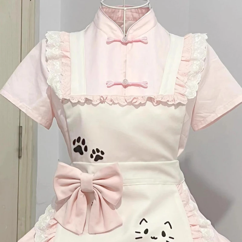 Japanese Kawaii Lolita Maid Dress Set Women Sweet Lace PatTchwork Cute Print Bow Apron Princess Dresses Elegant Party Mini Dress