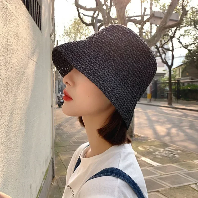 Praia coreano chapéu de palha verão feminino viseira balde chapéu pescador chapéu mão tecelagem panamá menina pesca chapeau chapéus de sol para mulher