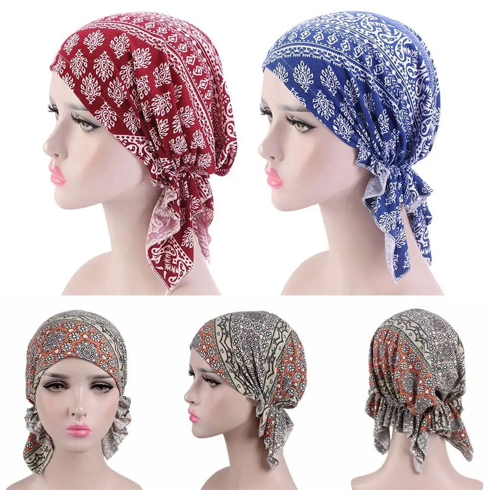 봄 꽃 프린트 터번 여성 국립 바람 면화 모자 두건 화학 요법 모자 수면 모자 Beanies Headwrap 패션 캐주얼