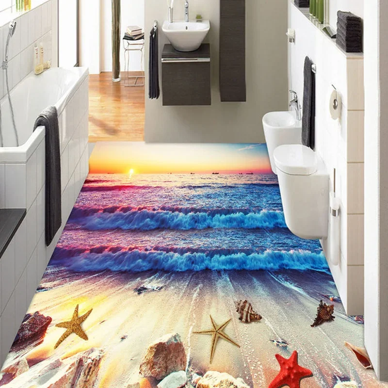 Custom Photo Floor Mural Sunset Afterglow Colorful Waves Beach Bathroom Kitchen 3D Stereo Floor PVC Self-adhesive Wallpaper