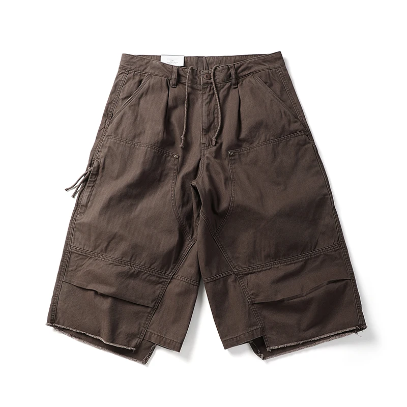 American Retro 3D Pleated Silhouette Curved-blade Cropped Pants for Men Summer High Street Loose-fit Lumberjack Cargo Shorts