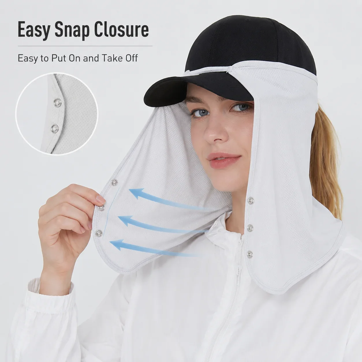 Ice Silk Sun Hat Curtain Polyester Cooling Face Neck Flap with Snap Buttons for Men Women Fishing Hiking Cycling Travel, No Cap