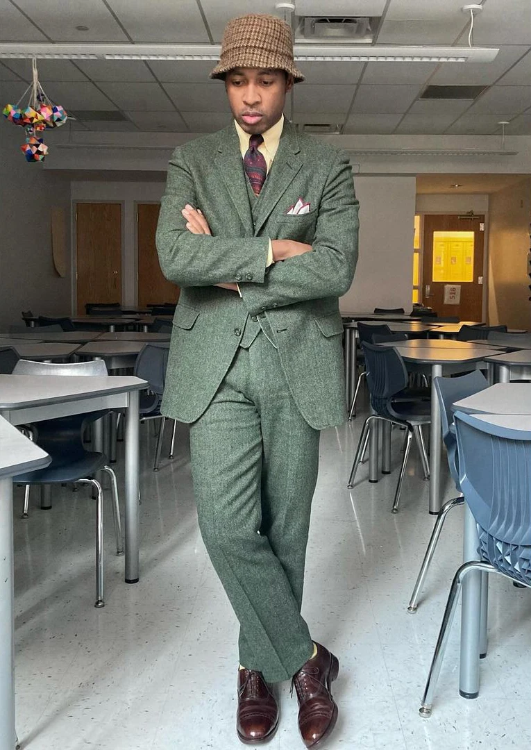 تويد الصوفية الرجال الزفاف البدلات الرسمية 3 قطع سميكة بلغت ذروتها التلبيب العريس ارتداء حفلة عيد ميلاد عرض الأزياء السراويل الدعاوى