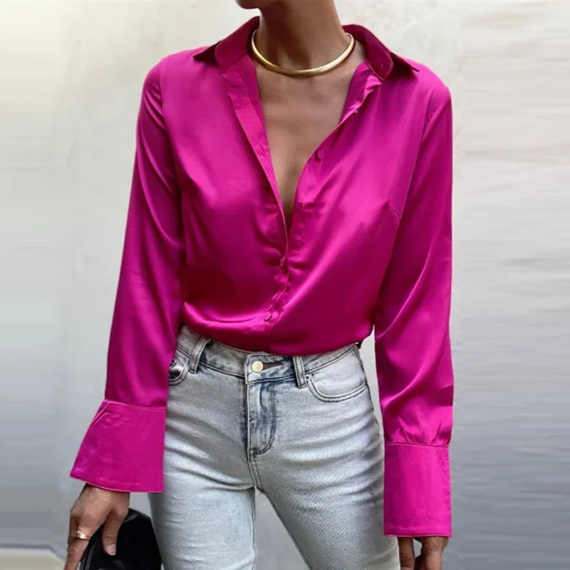 Langarm Bluse Tops Frauen Shirt Grüne Taste Up Revers Lose Satin Camisas Elegante Frühling Sommer Büro Damen Shirts Top