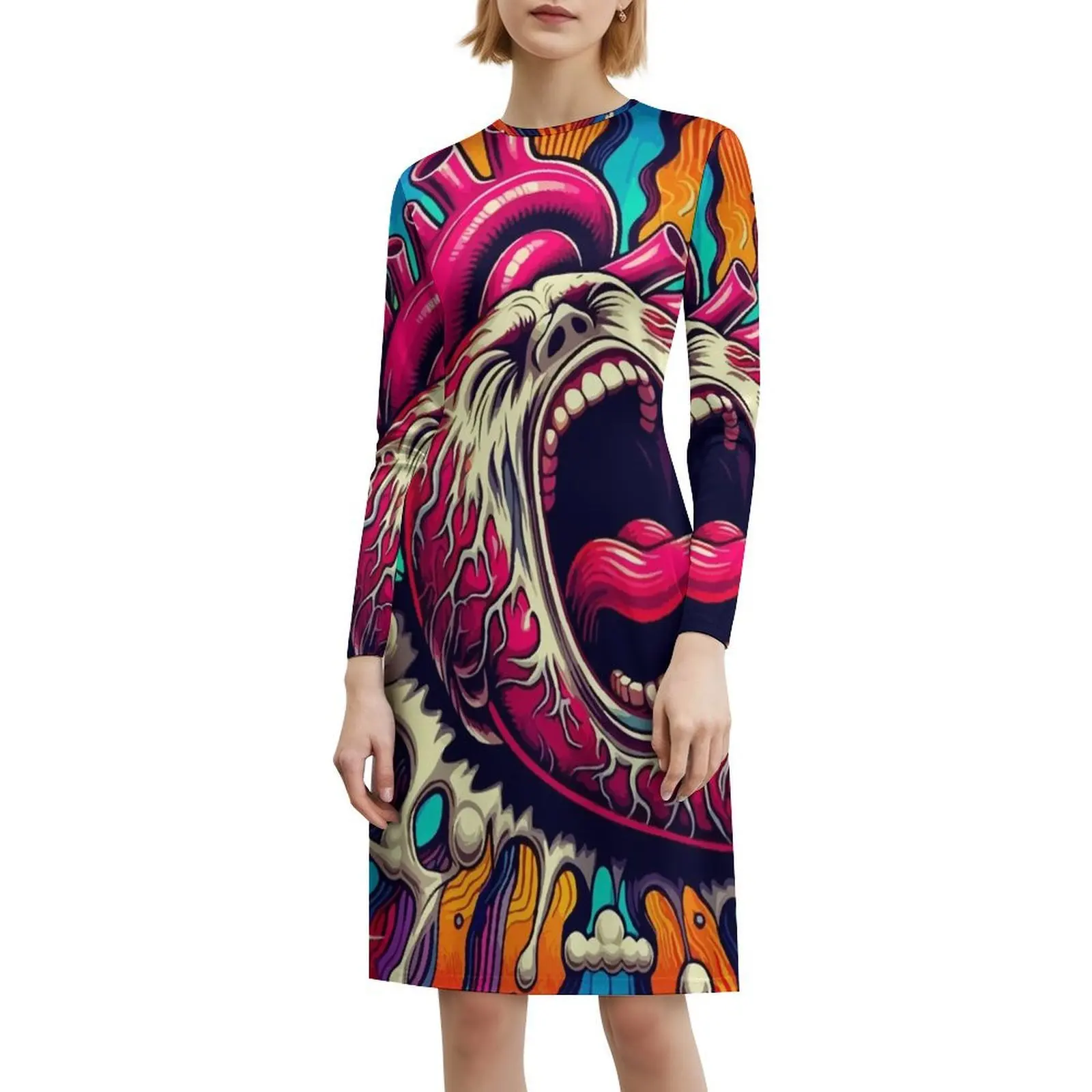 فستان The Heart That Screams للسيدات على طراز الهيب هوب ملابس الشارع مطبوعة برسومات جرافيكية للحفلات والنوادي على شكل قلب مكسور مفتوح الفم للنساء #6