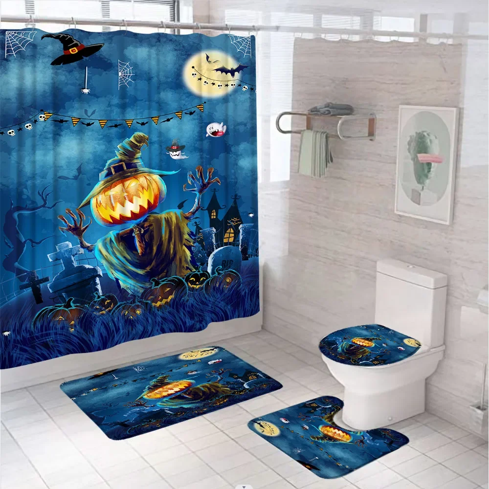 4Pcs Halloween Ghost Bat Shower Curtain Sets Pumpkin Scarecrow Cartoon Witch Hat Bath Mats Carpet Toilet Rug Bathroom Decor Home