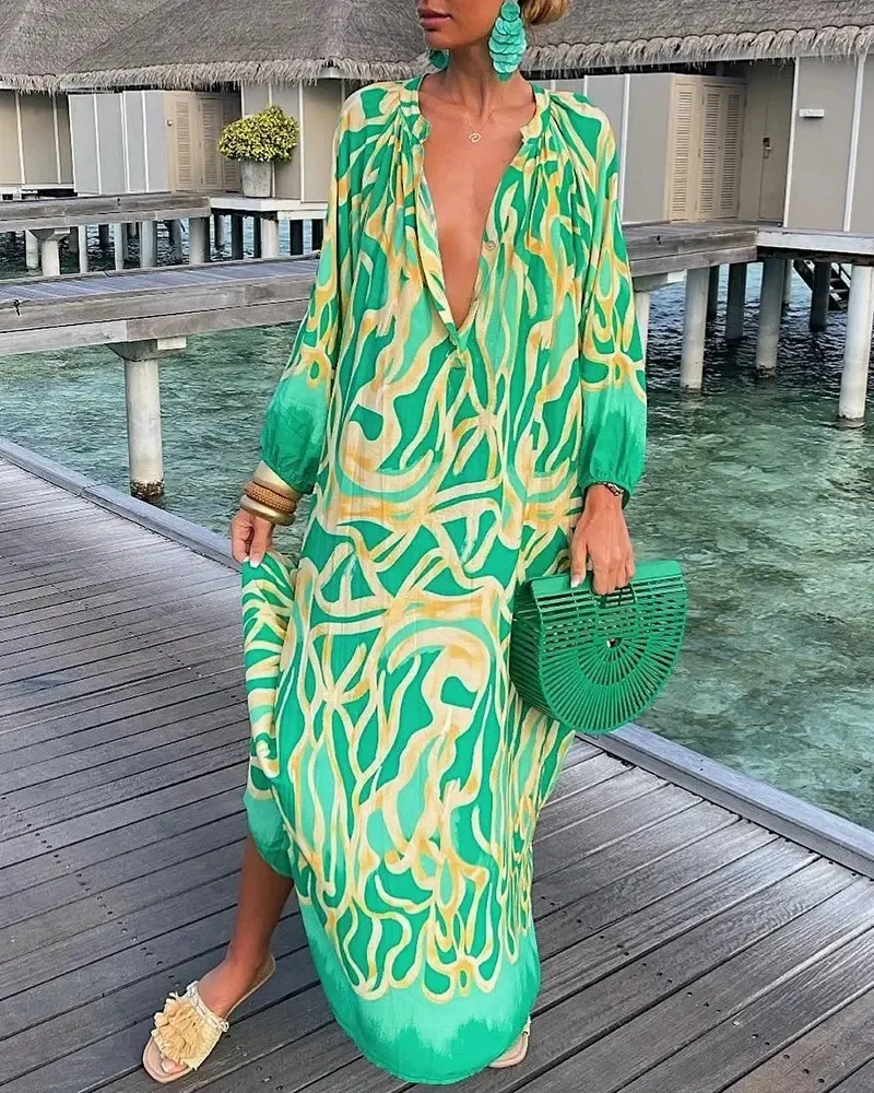 Women Sexy Deep V-Neck Maxi Dresses Bohemian Lantern Sleeve Printed Long Dress Female Vintage Holiday Loose Beach Cover Up Robe