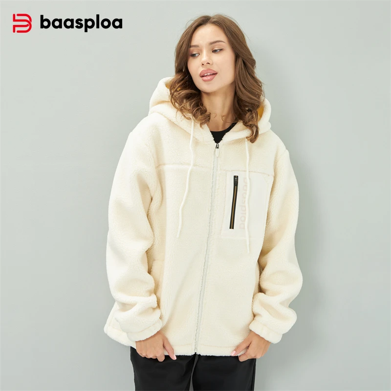 Baasploa New Women Jackets Winter Fashion Solid Color Loose Hooded Sweatshirts Female Casual Long Sleeve Zipper Pullovers Tops