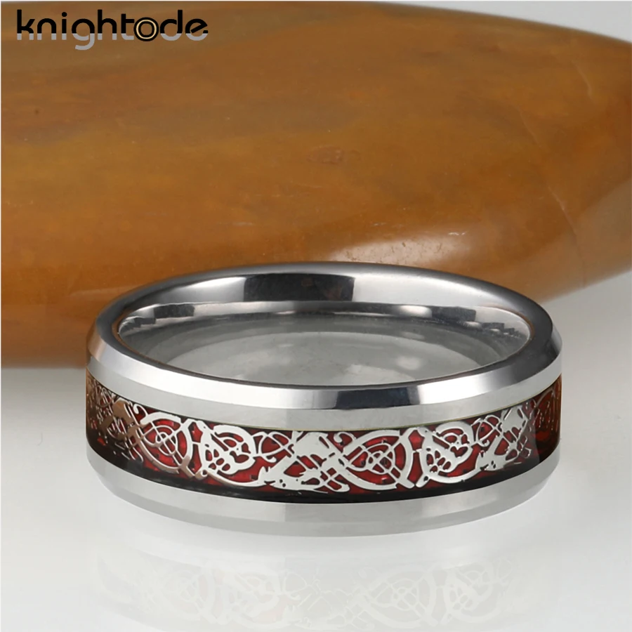 Anello di tungsteno alla moda da 8 mm Drago argentato Opale rosso intarsio per uomo Donna Fede nuziale Bordi smussati Lucido Dropshipping