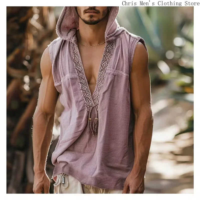 Vintage Ethnic Style Hooded Male Sleeveless Shirt Cardigan Beach Holiday Hooded Sleeveless Men\'s Cardigan Hooded Sleeveless Vest