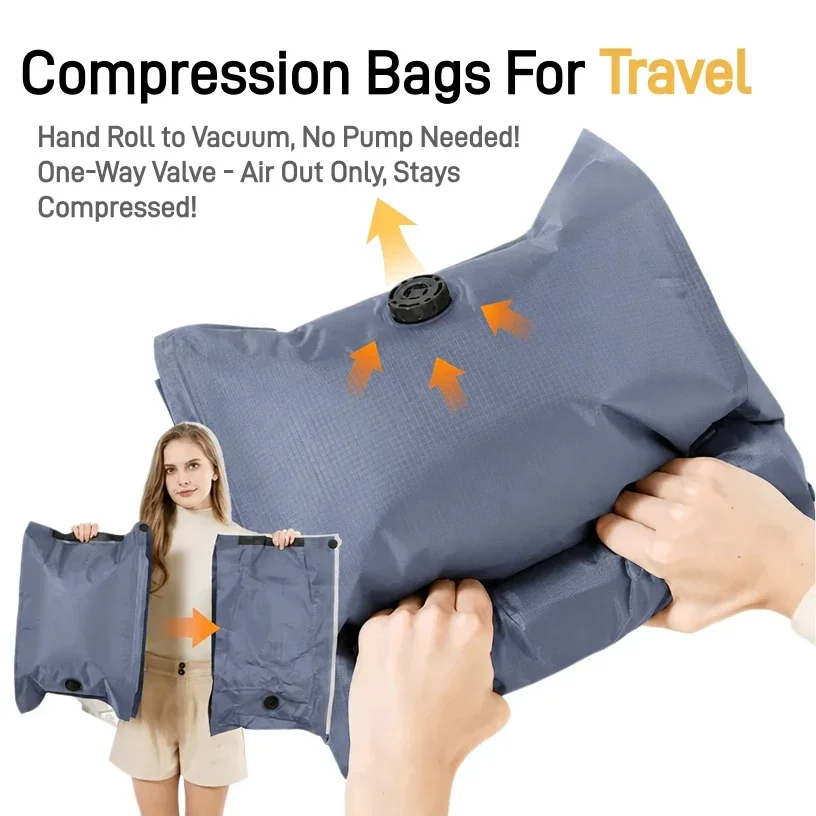 Pump-Free Travel & Flight Accessories Compression Packing Cubes Vacuum Storage Bags Space Saver Waterproof Laundry Organizer Bag