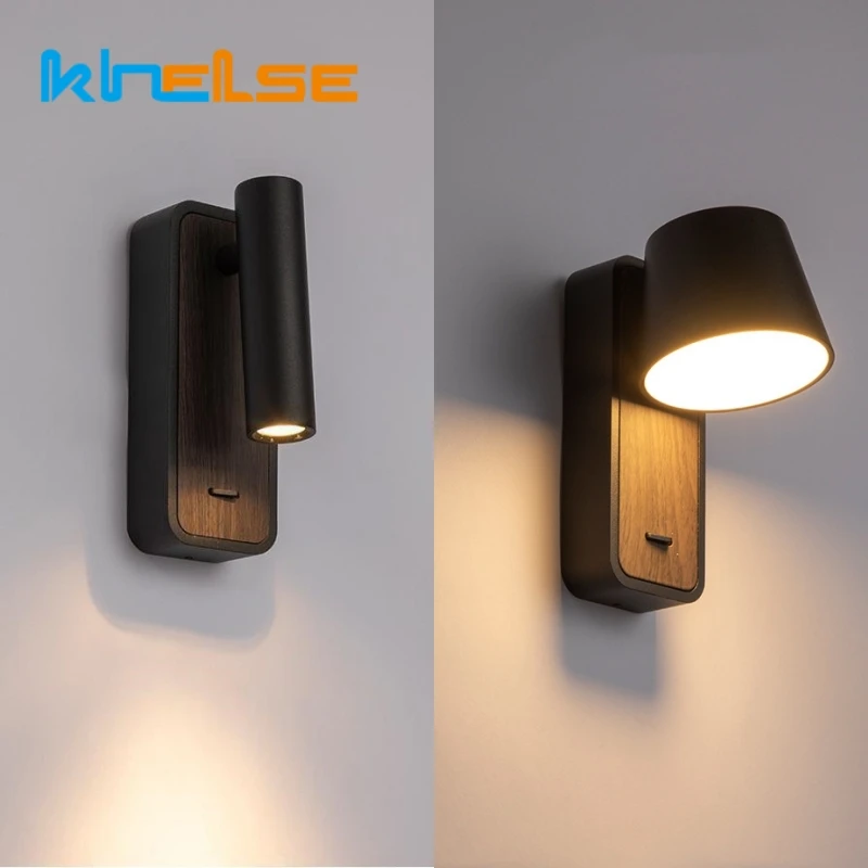 

Modern Imitation Wood Grain LED Wall Lamp With Switch 350 Degree Rotatable Adjustable Bedside Light Hotel Headboard Sconce Light