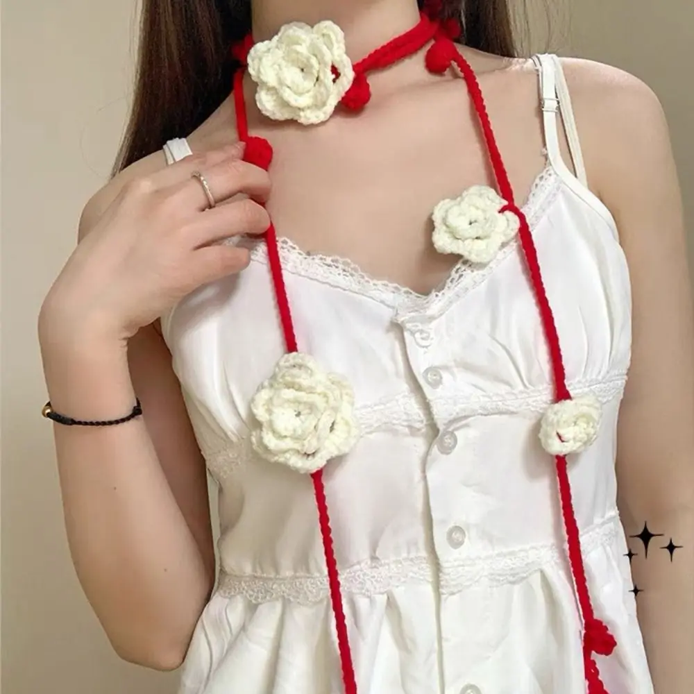 クールな韓国スタイルの花ニットスカーフウール薄いローズフラワーショールエレガントなかぎ針編みの細長いスカーフ屋外