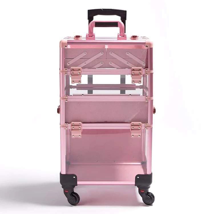 Aluminum Makeup Train Case with Table, Rolling Travel Salon Nail Trolley Cosmetic Hairdressing Storage Organizer Table