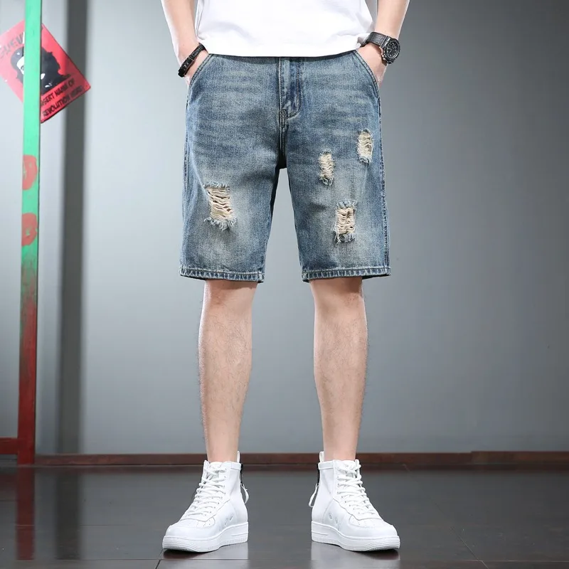 2022 Summer Ripped Short Jeans Men Denim Shorts Streetwear Casual Baggy Straight Knee Length Pants