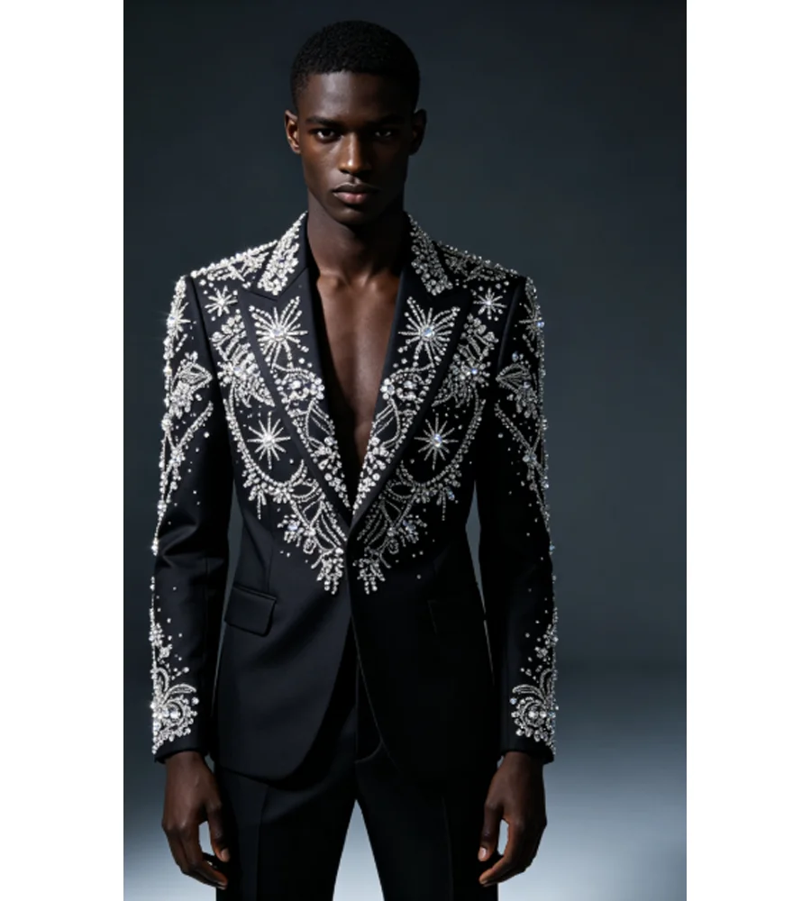 Intricate Diamond Applique Men Suit Graceful Jewelry Evening Tuxedos Slim Ropa hombre 2 Pieces Set Groom Male Blazer Customized
