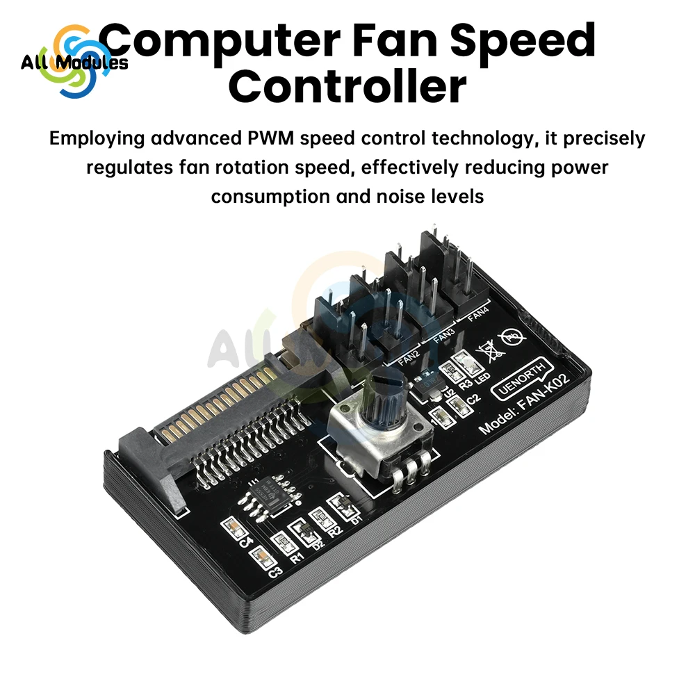PWM Computer Fan Speed Controller 60W High-Power Hub Sata DC Power Controller for PC Four-Wire Fan Speed Control
