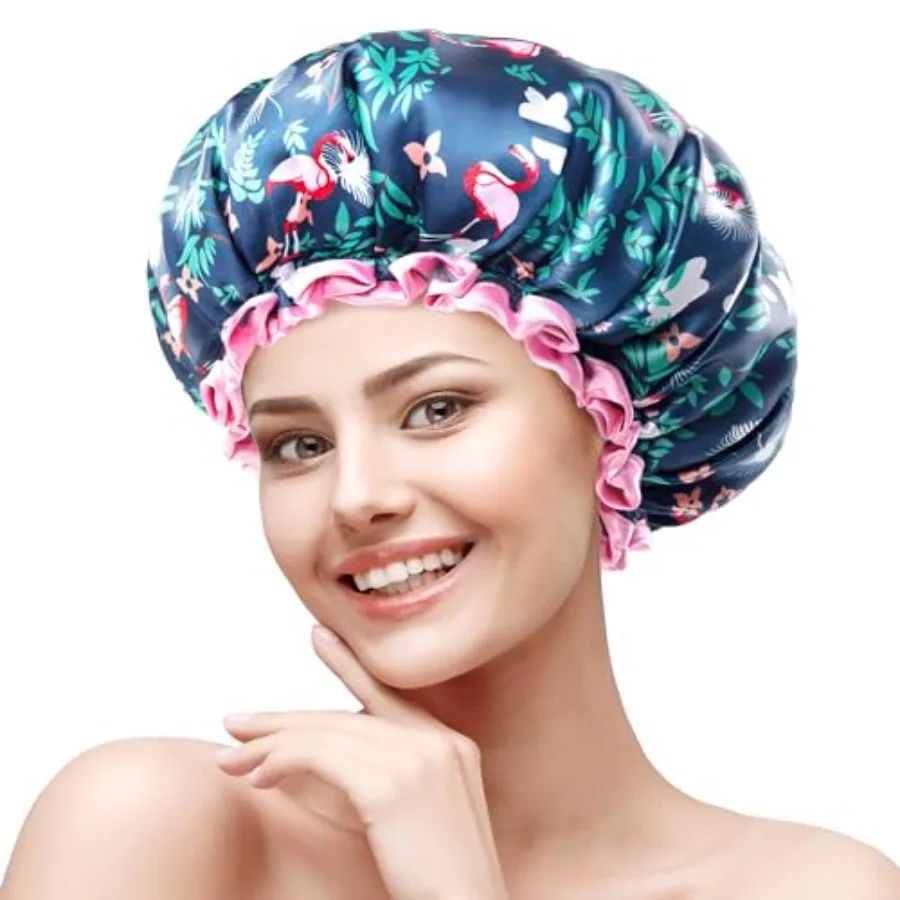 

Medium Shower Cap for Girls and Women, Flamingo Shower Caps with Pink Lace, Reusable Waterproof Bathing Shower Hat for Girls