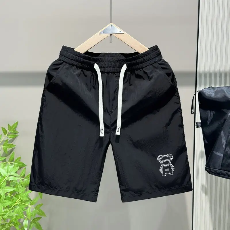 Trend Fashion Summer Casual Shorts Men\'s Letter Print Elastic Waist Drawstring Pockets Motion Loose Straight Knee Length Short