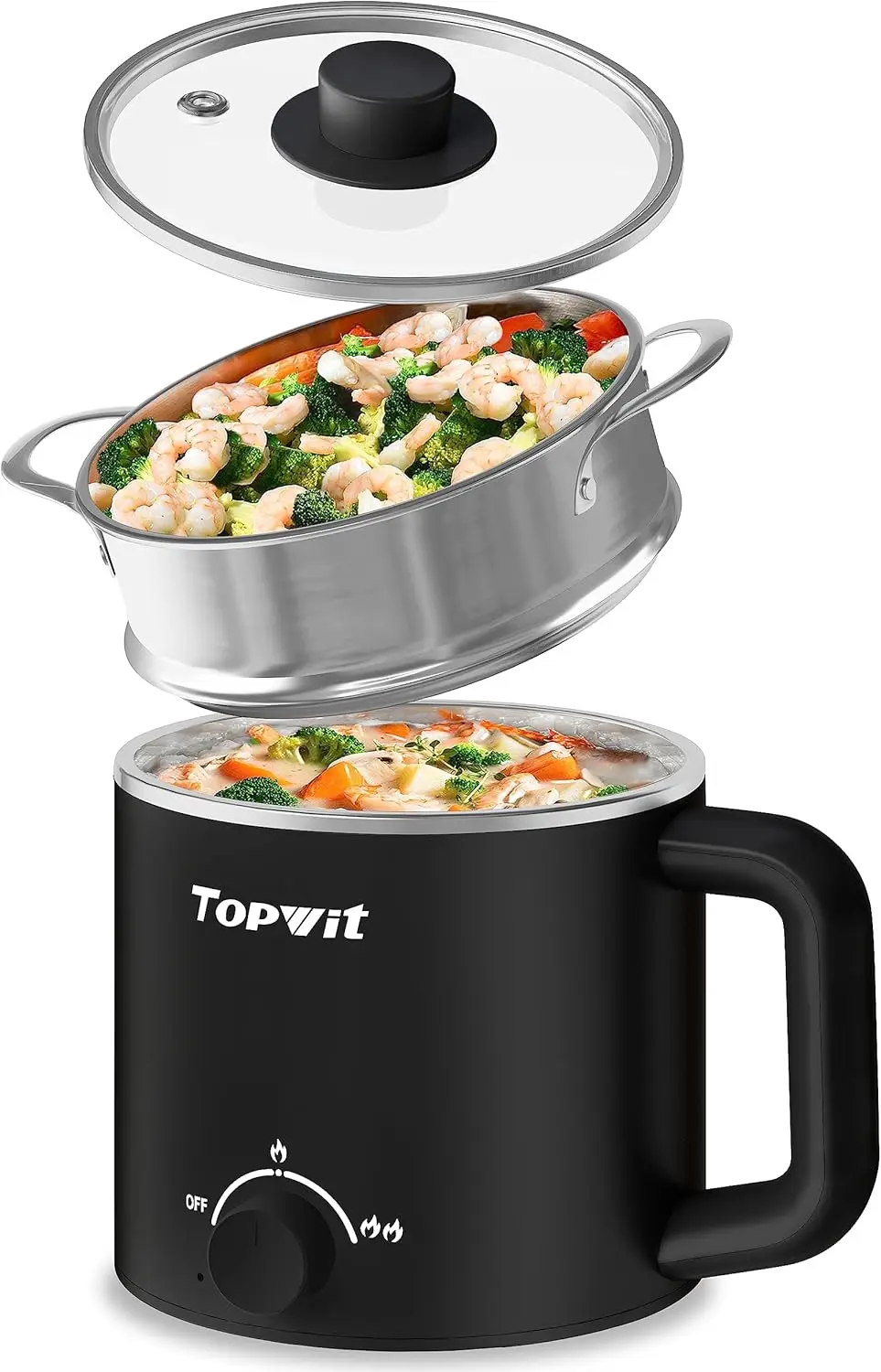 

Electric Hot Pot with Steamer, 1.6L Multi-Cooker for Ramen, Pasta, Soup & More, Dual Power Control, Portable Black