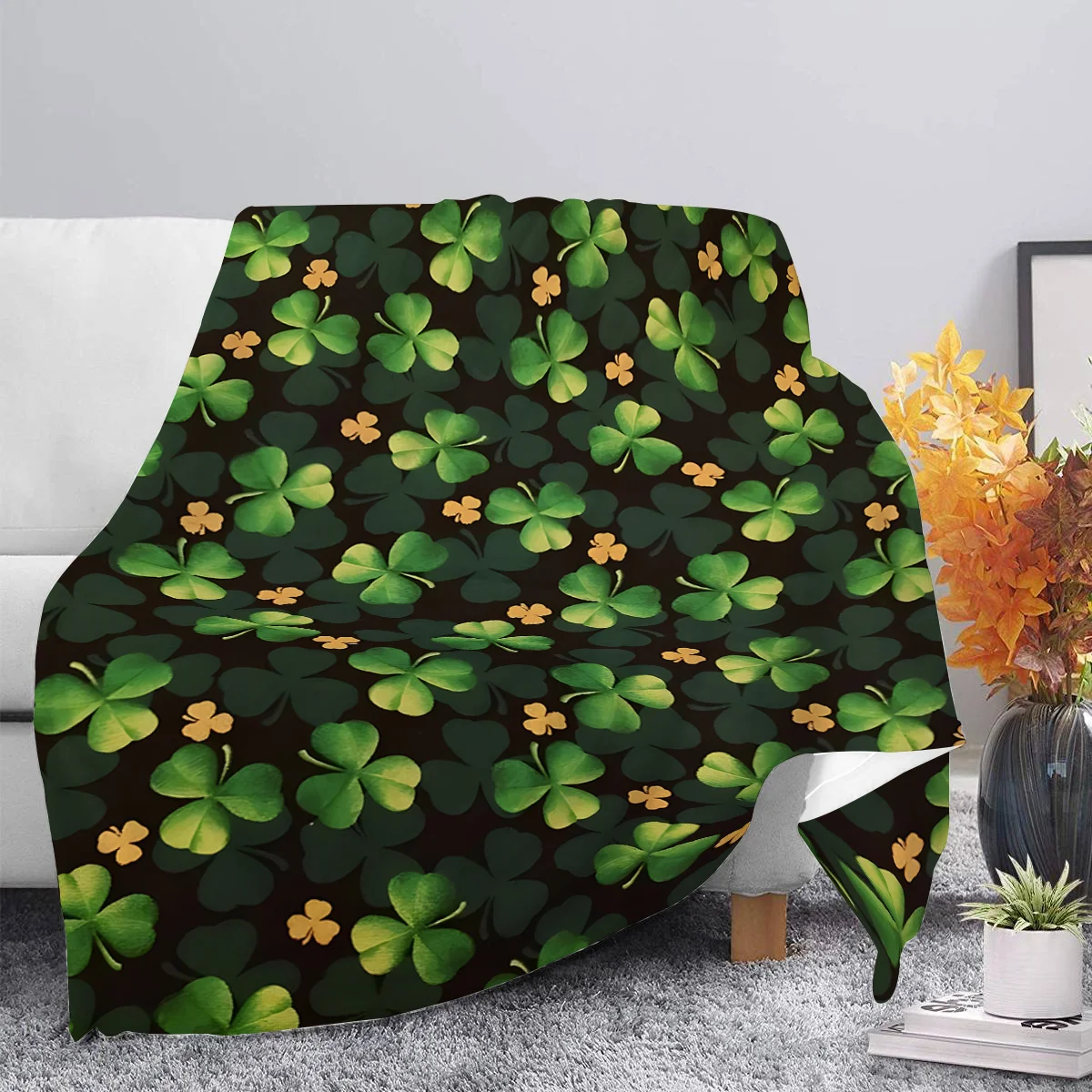 St. Patrick's Day Lucky Clover Print Throw Blanket - Soft, Cozy Polyester Flannel for, Sofa, and Chaise - Machine Washable