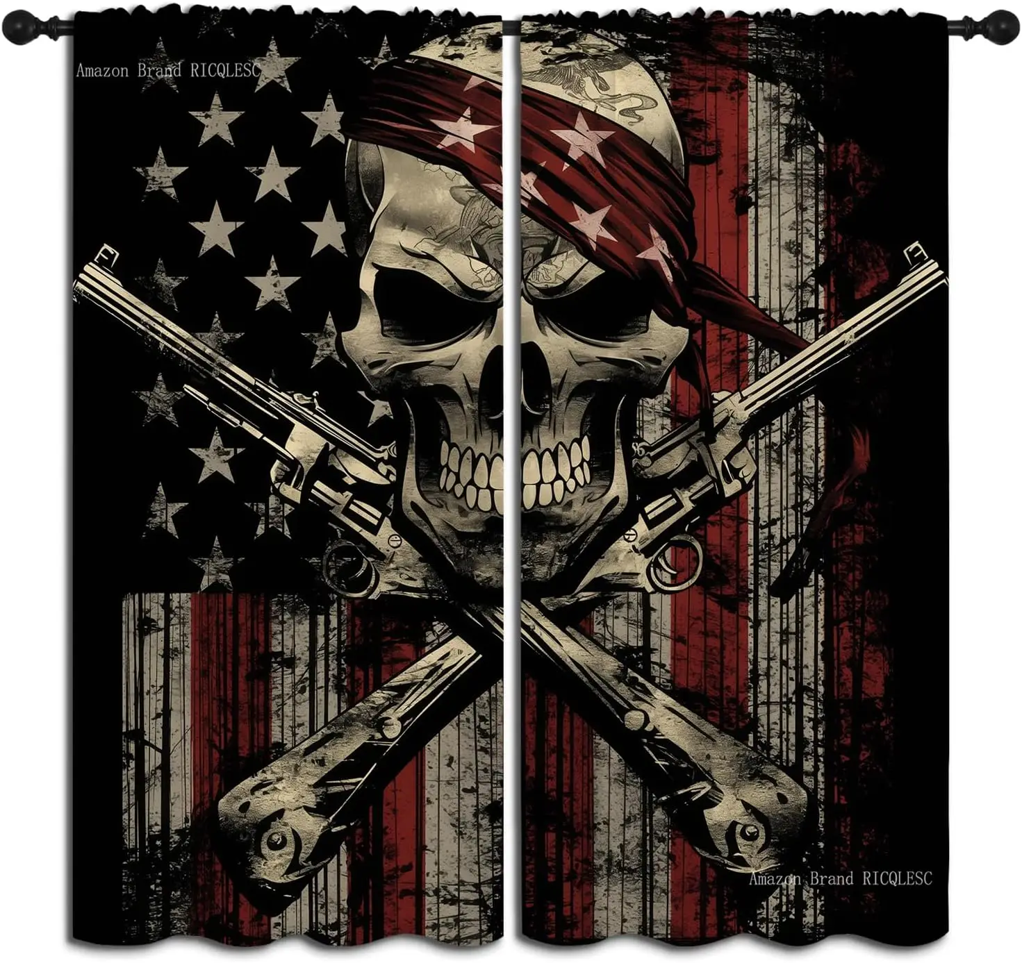 Retro Grunge USA Flag Skull Curtain Red Star Bandana Cross Revolver Vintage Print Drape Moody Patriotic Retro Household Window