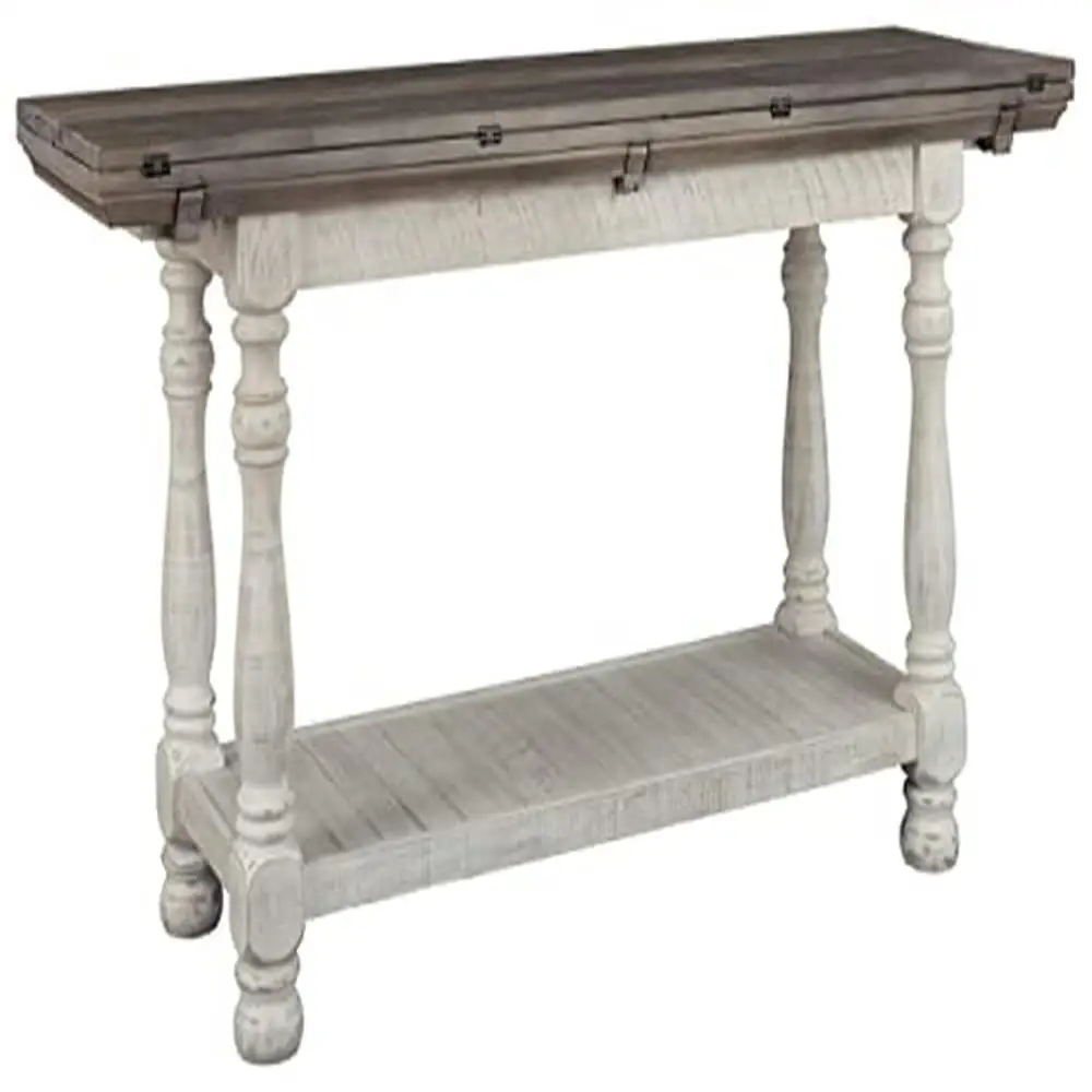 Farmhouse Sofa Table Flip Top Additional Dining Space Fixed Lower Shelf Weathered Finish Rustic Gray White Vintage Charm Storage