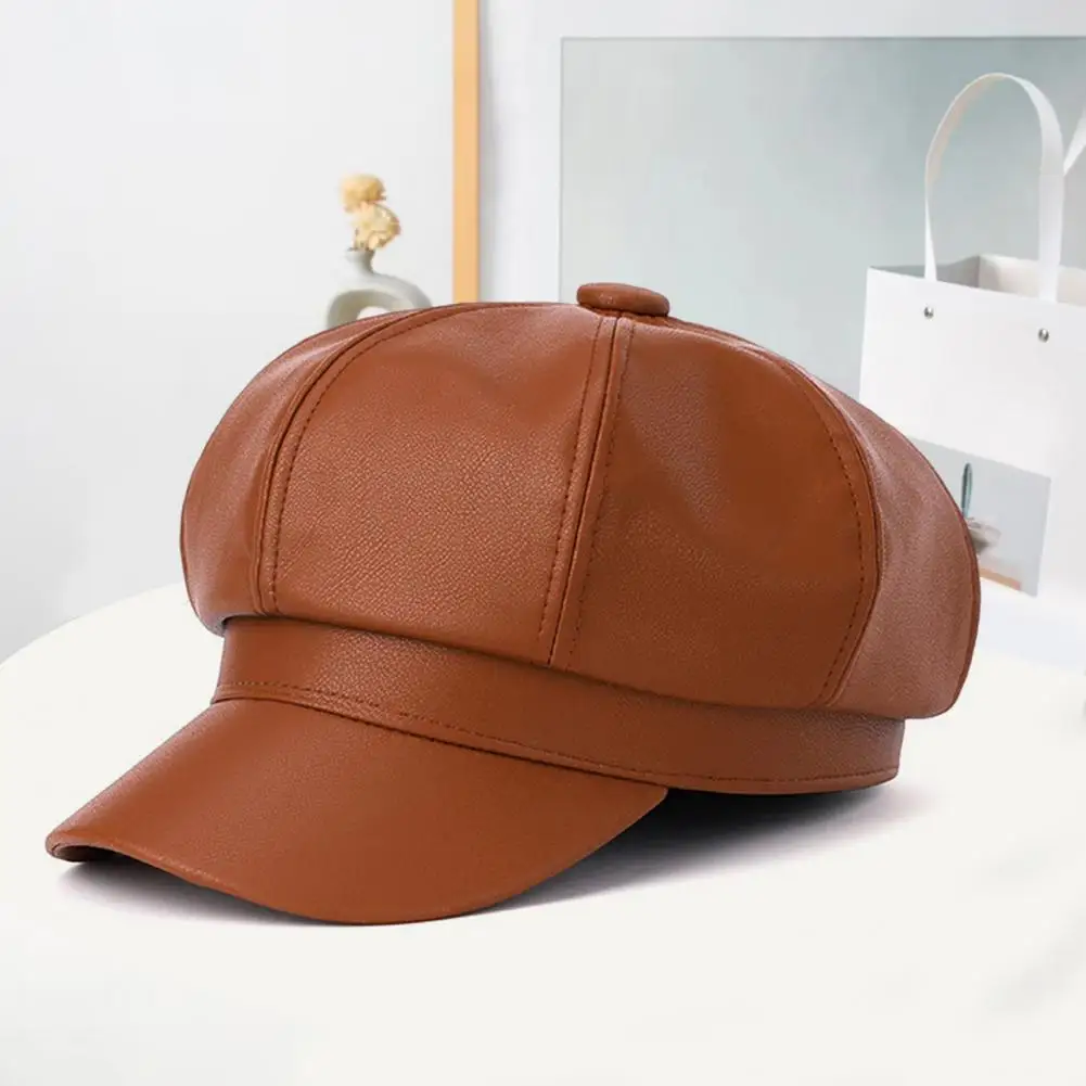 Women Warm Winter Hat Vintage Style Faux Leather Beret For Women British Octagonal Hat With Short Brim Painter Hat For Parties