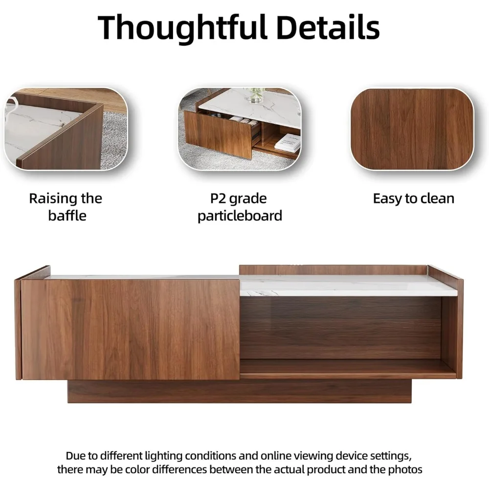 Mid Century Modern Coffee Table, 47.2" LED Rectangle Accent Center Table with 2 Sliding Drawers and Open Display Shelf