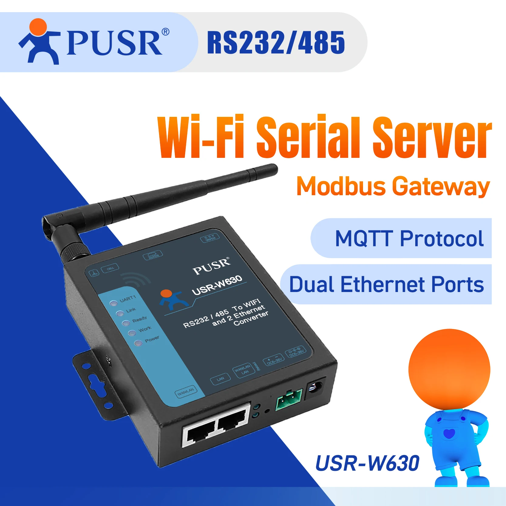 USR-W630 Industrial Serial To WiFi and Ethernet Converter, Two Ethernet ports, RS232 RS485