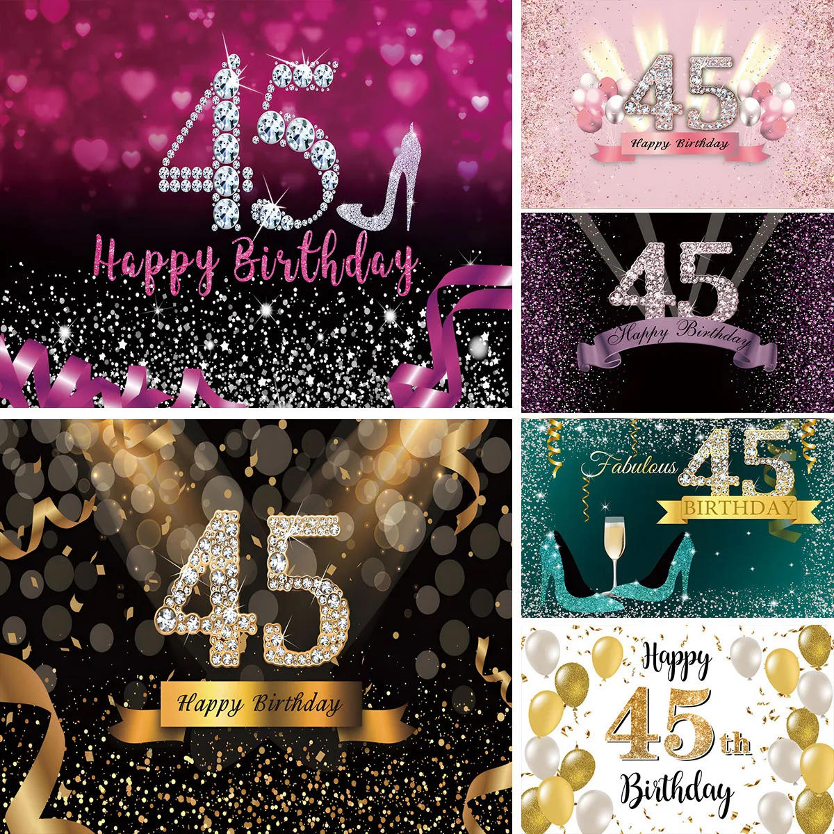 

45th Birthday Backdrop Banner Pink Gold Glitters Diamond Balloon 45 Years Old Custom Photography Background Poster For Women Men