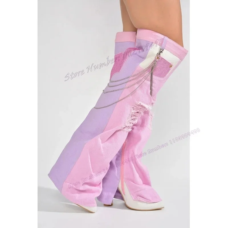 

Pink Denim Chaon Decor Knee High Boots Crystal Patchwork Pointy Toe Shoes for Women High Heels Shoes 2023 Zapatos Para Mujere