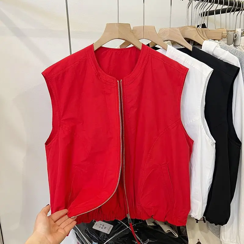 

Casual Round Neck Zipper Vest Women's 2025 Spring And Autumn New Fashion Red Sleeveless Jacket Top