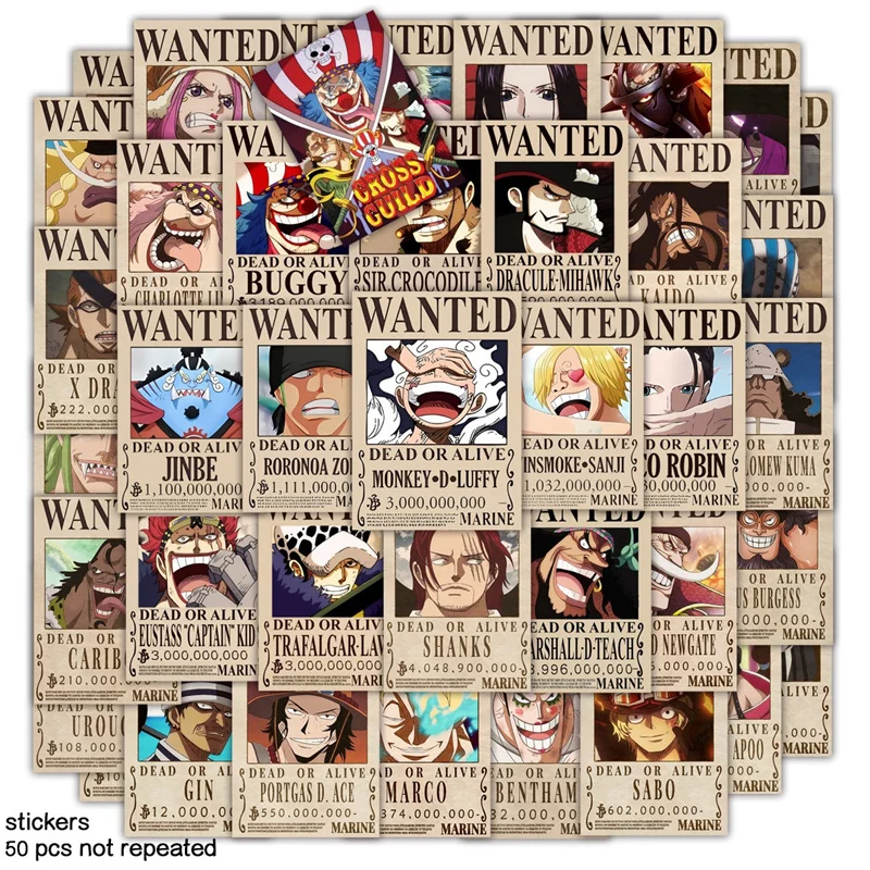 Anime Luffy Gear 5 una pieza Bounty Wanted carteles 4 Emperors Law chico figuras Vintage decoración de pared de salón pegatinas Juguetes