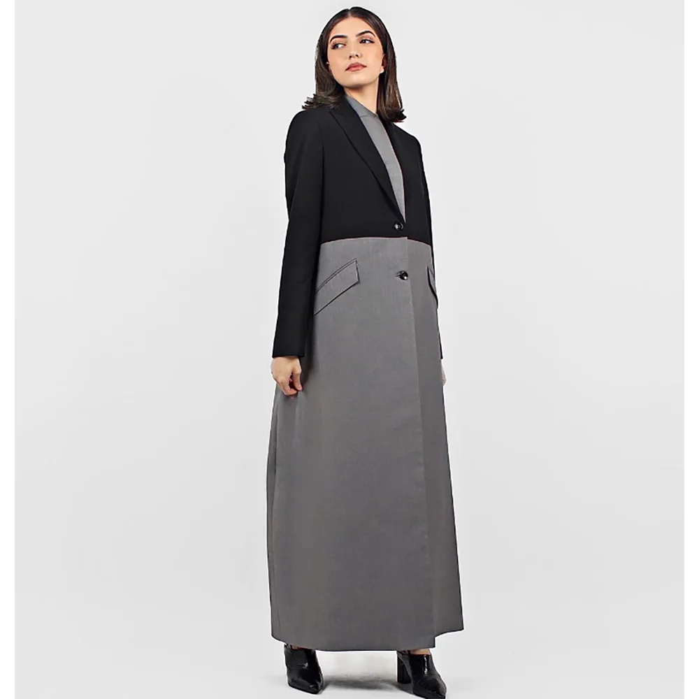 Chic Black and Grey Patchwork Women Long Jacket Slim Single Breasted Female Daily Coat Formal Ankle Length Dress