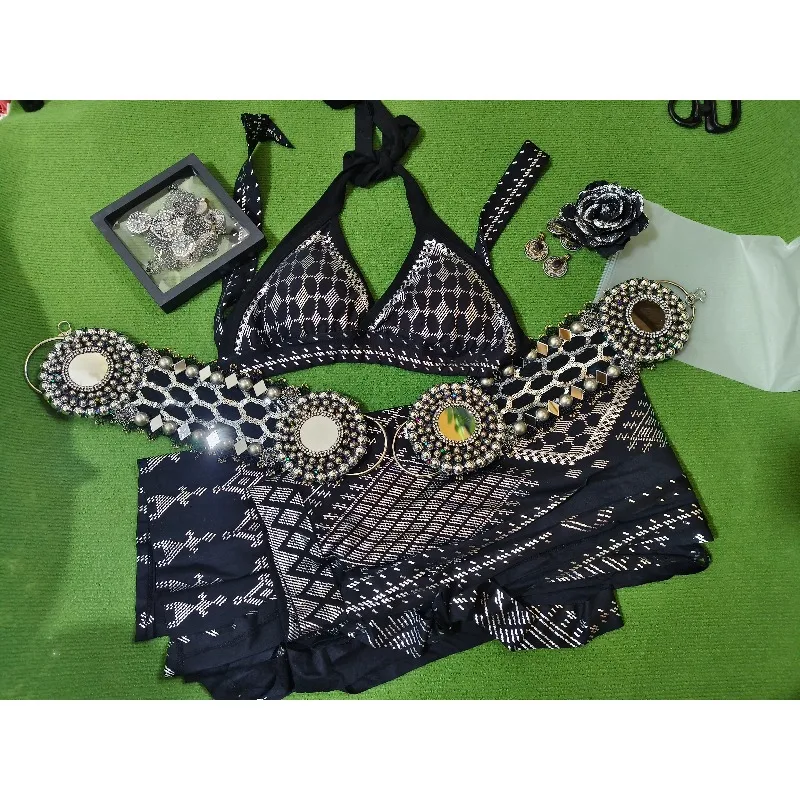 Traje de dança do ventre personalizado, traje de desempenho de fusão tribal, saia dupla, cinto, borla, cachecol de quadril