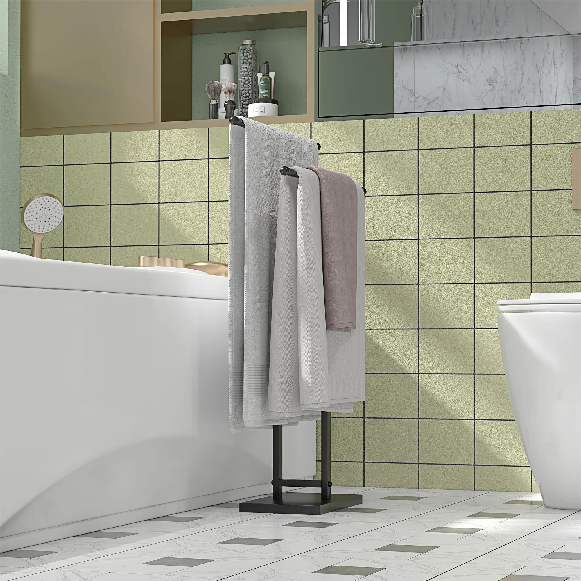 Homcom Metalen staand handdoekenrek met 2 T-vormige stangen 50X18,5X85 cm Zwart