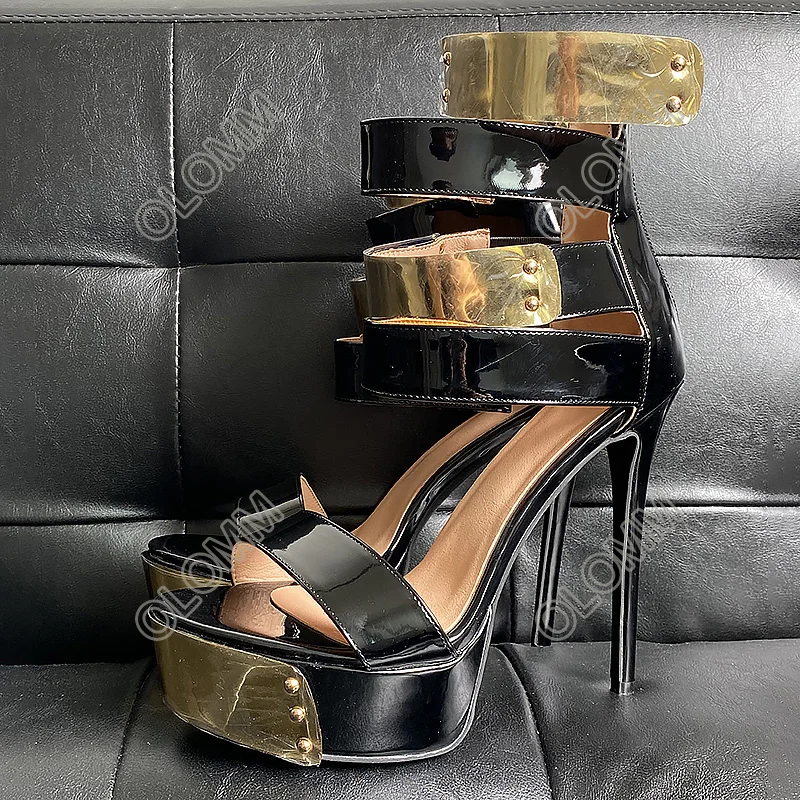 

Olomm New Arrival Handmade Women Summer Sandals Platform Back Zipper Stiletto Heel Open Toe Black Party Shoes US Size 5-20