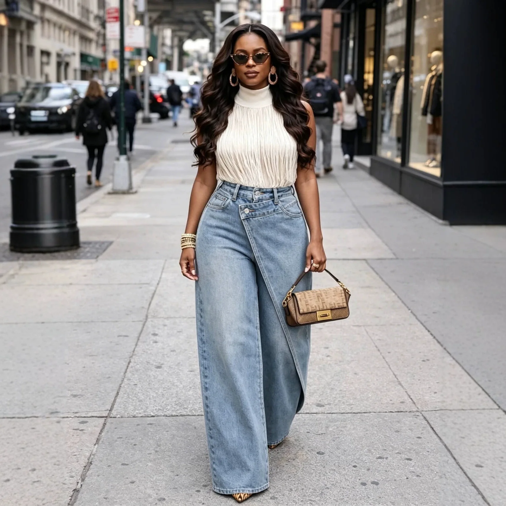 SuperAen American Retro Design High Waist Asymmetrical Skirt Pants Slim Loose Straight Casual Long Wide Leg Pants