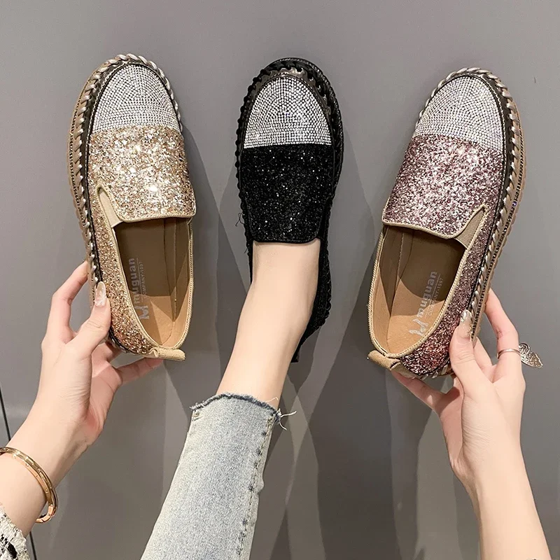 Women Shining Rhinestone Flats Loafers Slip-on Thick Botton Casual Woman Crystal Shoes Female Fashion Sneakers Sports Running