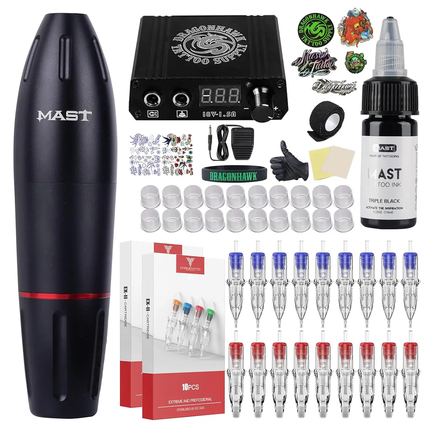 

Профессиональный роторный тату-аппарат с 20 картриджами, иглами, педалью и блоком питания для художников