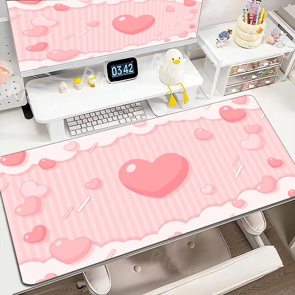 Pink Hearts Stripes Kawaii Mouse Pad Large Girl Desk Mat Aesthetic Non-Slip Rubber Mousepad Office Gaming Locked Girly Style