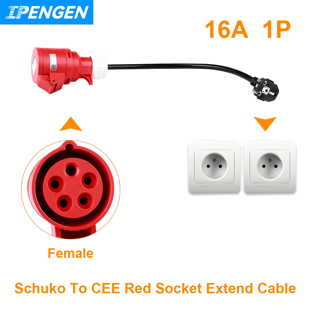 IPENGEN EV Charger Adapter Schuko Plug to CEE Red Power Female Plug 5 Pins Socket Adapter Connect with 16A 3 Phase 11KW Charger